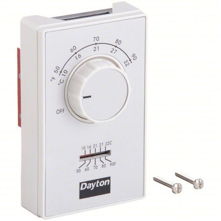 Dayton 4PU48C - Line Voltage Mechanical Thermostat, Heat Only, 50 to 90 F, Exposed Dial, 120/277 V AC, 2 Pole