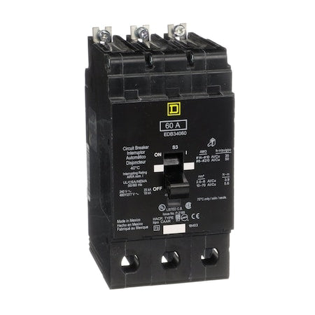 Square D EDB34060 - Miniature Circuit Breaker, E FRAME Series, 60 A, 3 Pole, 277/480 V AC, 25k A at 120 V AC