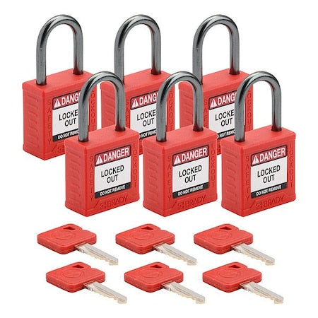 Brady CPPL-RED-25AL-KA6 - Lockout Padlock, Keyed Alike, Nylon, Red, 1 in Shackle Height, 1 3/16 in Body Width, 1 No. of Keys