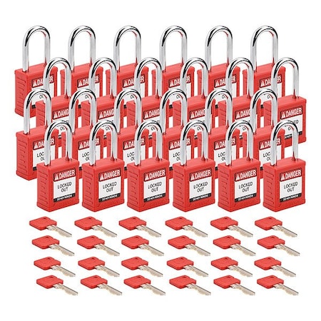 Brady SDPL-RED-38ST-KA24 - Padlock, Keyed Alike, Nylon, Red, 1 1/2 in Shackle Height, 1 1/2 in Body Width, 48 No. of Keys