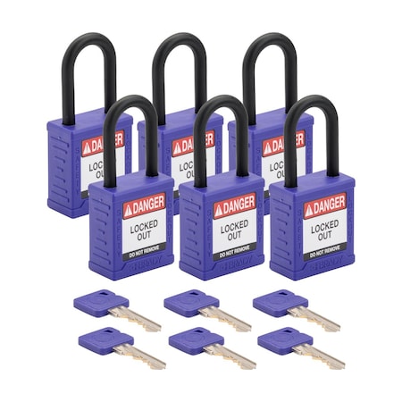 Brady SDPL-PRP-38PL-KA6 - Velocity Lockout Padlocks Nylon 1.5in Clearance KA Plastic Shackle Purple 6 PK