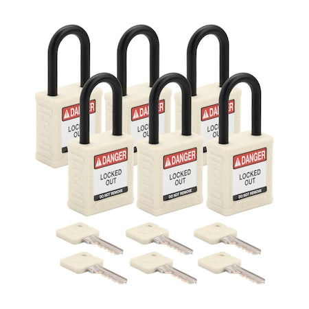 Brady SDPL-WHT-38PL-KA6 - Velocity Lockout Padlocks Nylon 1.5in Clearance KA Plastic Shackle White 6 PK