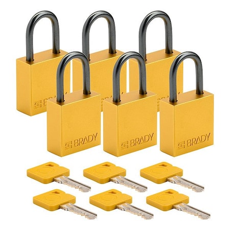 Brady CPAL-YLW-25AL-KA6 - Lockout Padlock, Keyed Alike, Aluminum, Yellow, 1 in Shackle Height, 1 1/4 in Body Width, 6 PK