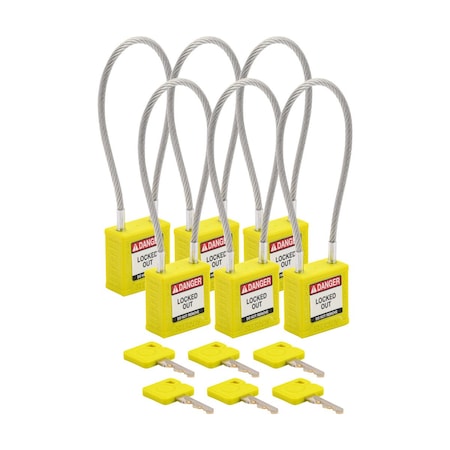 Brady CPPL-YLW-200CB-KA6 - Velocity 8in Compact Cable Lockout Padlocks Nylon 4in Shackle Clearance KA YL 6 PK