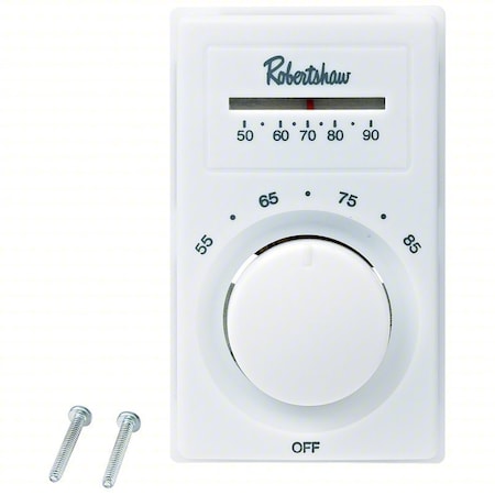 Robertshaw 802 - Line Voltage Mechanical Thermostat, Heat Only, 50 to 90 F, Exposed Dial, 120 to 277 V AC, 1 H