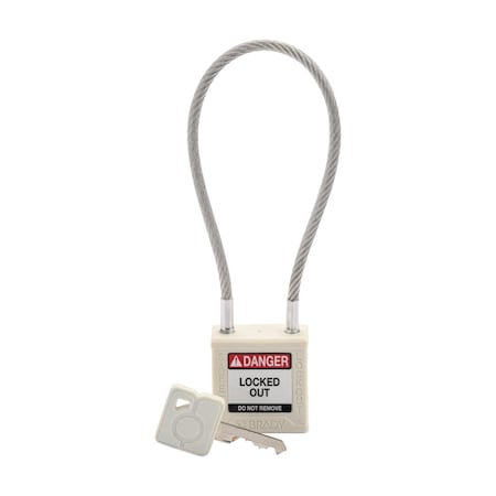 Brady CPPL-WHT-200CB-KD - Velocity 8in Compact Cable Lockout Padlocks Nylon 4in Shackle Clearance KD White
