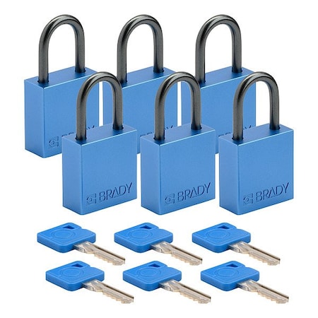 Brady CPAL-BLU-25AL-KA6 - Lockout Padlock, Keyed Alike, Aluminum, Blue, 1 in Shackle Height, 1 1/4 in Body Width, 6 PK