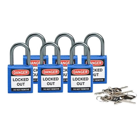 Brady 118929 - Lockout Padlock, Keyed Different, Nylon, Blue, 1 in Shackle Height, 1 3/16 in Body Width, 6 PK