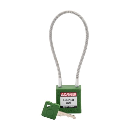 Brady CPPL-GRN-200CB-KD - Velocity 8in Compact Cable Lockout Padlocks Nylon 4in Shackle Clearance KD GN