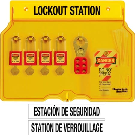 Master Lock 1482BP410 - Lockout Station, 18 Components: Hasps (2), Padlocks (4), Tags (12), Keyed Different, Yellow