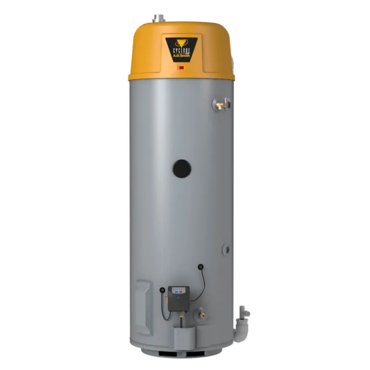 A.O. Smith Cyclone HE BTX-80 vertical condensing commercial gas water heater with a space-saving cylindrical outer casing and top-mounted digital blower module.