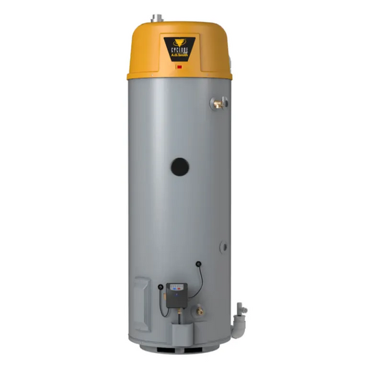 A.O. Smith Cyclone HE BTX-80 vertical condensing commercial gas water heater with a space-saving cylindrical outer casing and top-mounted digital blower module.