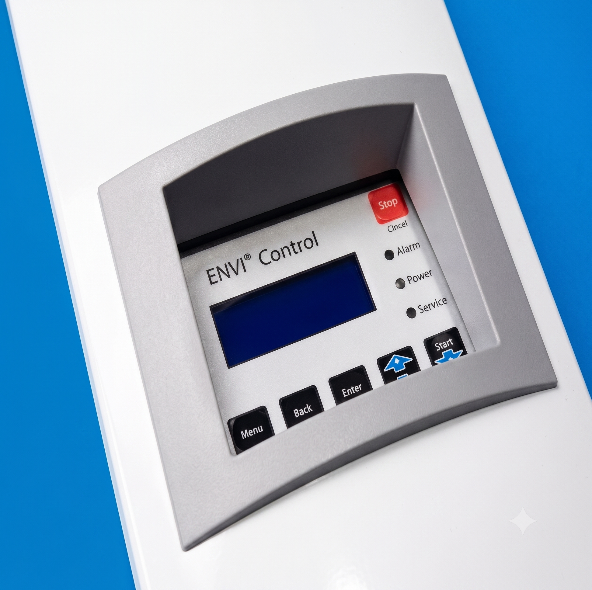 A clear, close-up studio presentation of the Patterson-Kelley ENVI Boiler Control system interface panel, showing its signature square gray bezel frame, built-in digital text status screen window, and operational indicator buttons on a clean white background.