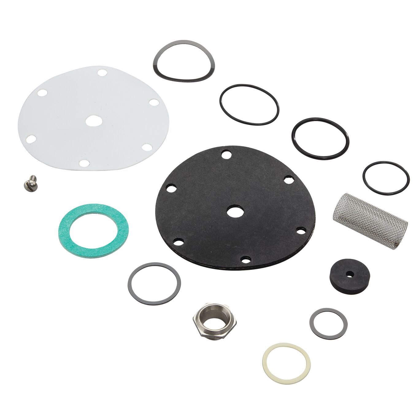 A clear, top-down studio product shot of a Watts 0876175 N35B water pressure regulator repair kit, featuring a circular black fabric-reinforced rubber diaphragm with a central metal bolt assembly, a gold-colored brass replacement seat disc, a steel coil spring, and multiple small black rubber O-rings neatly arranged on a solid white background.