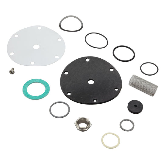 A clear, top-down studio product shot of a Watts 0876175 N35B water pressure regulator repair kit, featuring a circular black fabric-reinforced rubber diaphragm with a central metal bolt assembly, a gold-colored brass replacement seat disc, a steel coil spring, and multiple small black rubber O-rings neatly arranged on a solid white background.
