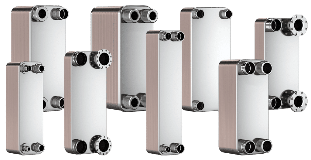 A collection of various sizes of Taco Comfort Solutions TB Series brazed plate heat exchangers lined up to show the different thicknesses and plate counts, featuring clean stainless steel bodies and copper-brazed corners.