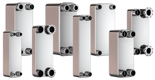 A collection of various sizes of Taco Comfort Solutions TB Series brazed plate heat exchangers lined up to show the different thicknesses and plate counts, featuring clean stainless steel bodies and copper-brazed corners.