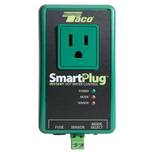 A front-facing professional studio layout from image_8e90ca.jpg of a Taco SP115-1 SmartPlug control, showcasing its signature deep teal-green border trim, black front faceplate with an integrated three-prong grounded outlet receptacle, and lower diagnostic LED indicator pinholes on a solid white background.