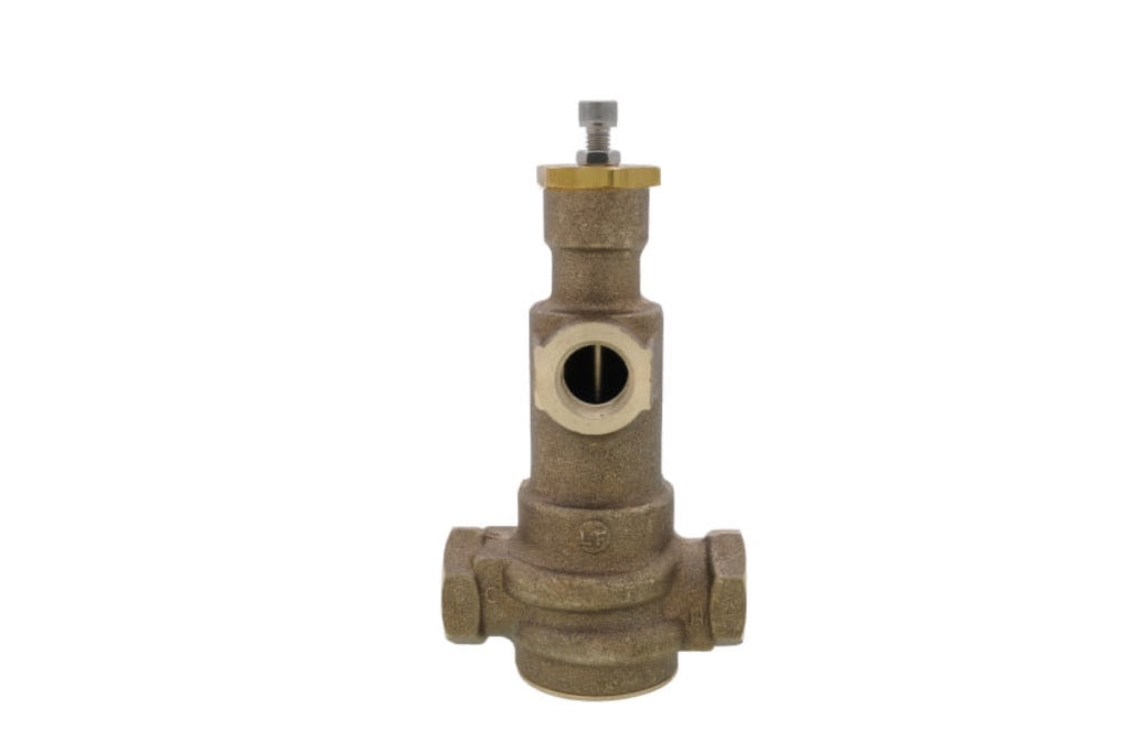 A front-facing professional studio product shot of a Watts 3/4 inch LFN170-M1 lead-free thermostatic master mixing valve, showcasing its heavy cast brass body, horizontal cold and hot inlets with stamped lettering, an integrated mixed water outlet port, and a top-mounted hex-screw temperature adjustment stem isolated on a pure white background.