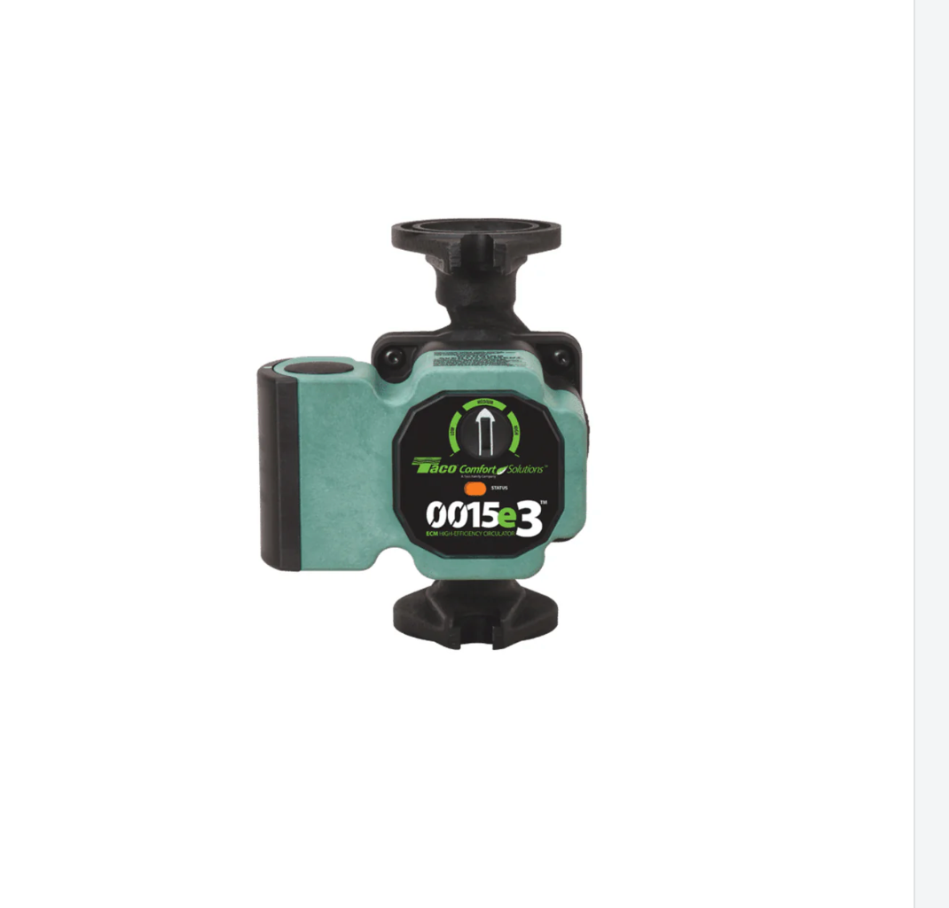 A high-resolution front-facing studio product shot of a Taco 0015e3 ECM high-efficiency circulator pump, featuring its signature teal-green electronic motor housing, integrated black side wiring capacitor box, and a black cast iron flanged base manifold centered on a solid white background.