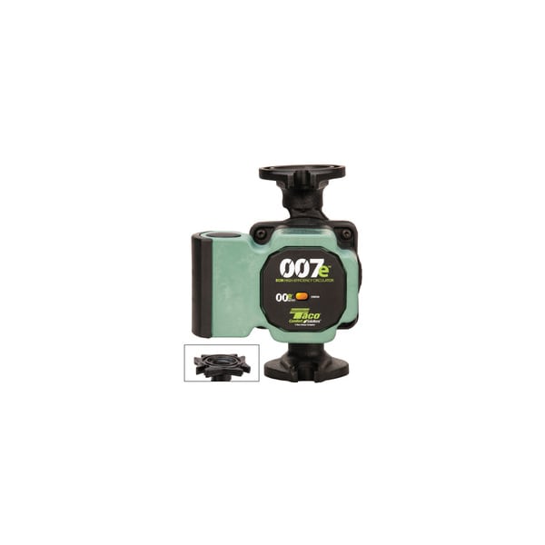 A professional studio product shot of a Taco 007e ECM high-efficiency circulator pump, highlighting its durable black cast-iron flanged base housing paired with a bright teal-green circular motor block featuring the 007e emblem on a clean white background.