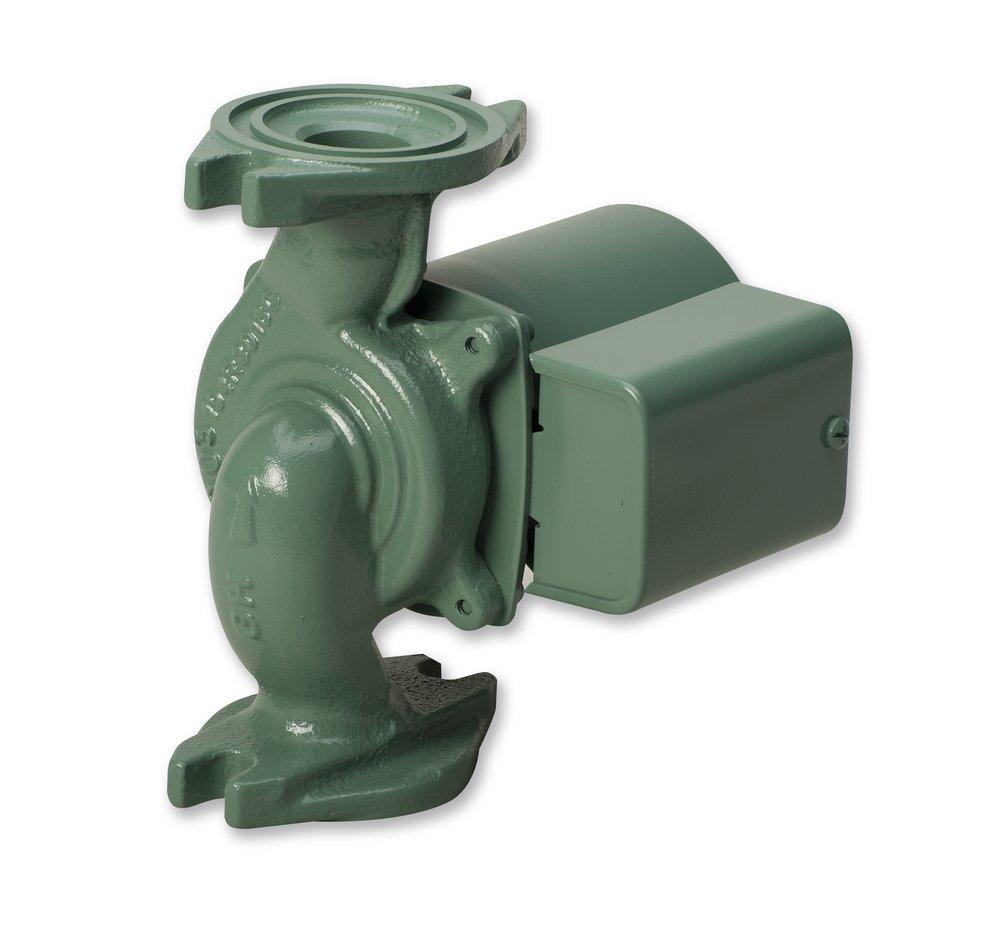 A professional studio side-profile of a Taco 005-F2 low-head, high-flow hydronic circulator pump, highlighting its signature teal-green painted smooth motor block, an integrated square electrical junction box, and a durable cast iron two-bolt piping flange base housing against a flat white background.