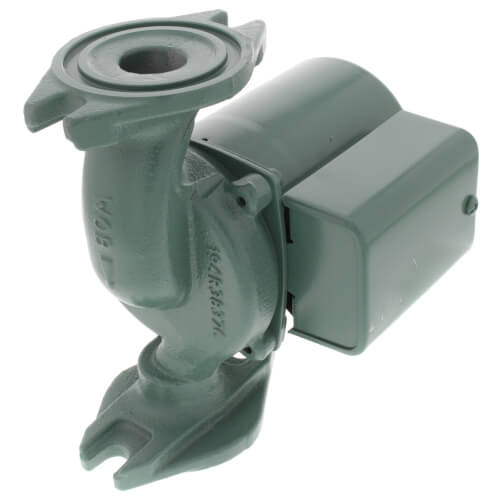 A professional studio side-profile of a Taco 008-F6 medium-head circulator pump, highlighting its classic teal-green smooth painted motor housing, an integrated black wiring electrical junction top-box, and a durable cast iron two-bolt piping flange base housing against a flat white background.