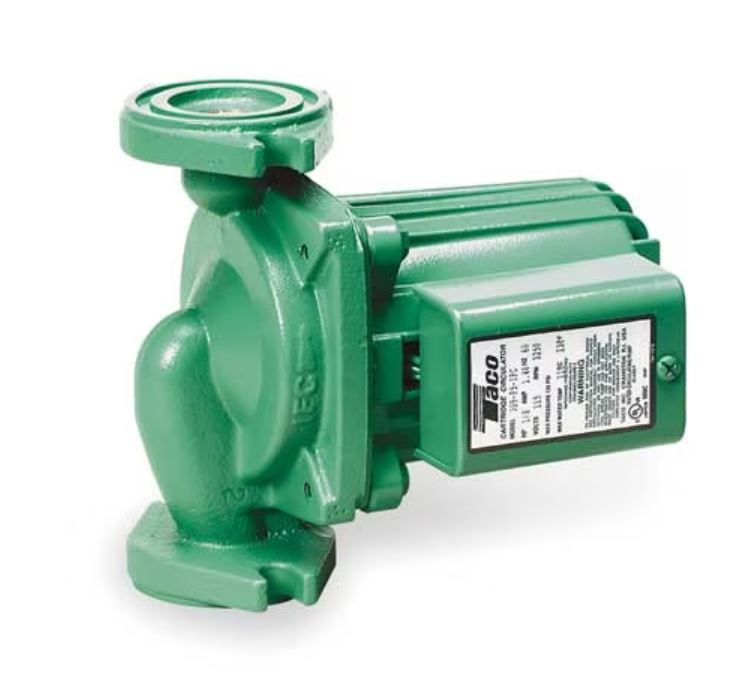 A side-profile product shot of a Taco 009-F5 high-head hydronic circulator pump, highlighting its clean teal-green painted motor block, square electrical wiring terminal box, and robust cast-iron 2-bolt connection flanges on a solid white background.