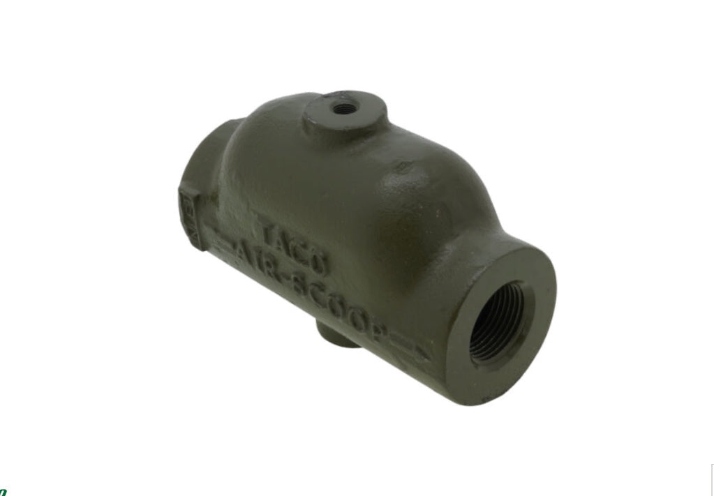 An isolated, high-resolution studio profile shot from image_8f66a4.jpg of a Taco cast iron air scoop, showcasing its dark olive-drab powder-coated finish, clear female NPT threaded horizontal connection port, raised top-mounted air vent tapping, and the crisp embossed factory text reading TACO AIR-SCOOP alongside a directional flow arrow on the body casing.