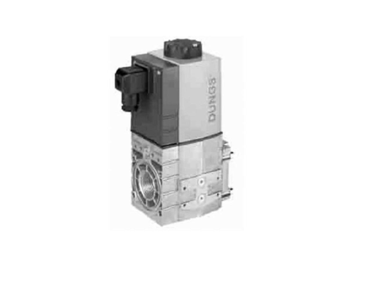 An isolated, professional product studio shot of an industrial Dungs safety shutoff gas valve assembly, showing its precision-machined 2-inch threaded inlet port, a heavy-wall silver die-cast aluminum modular valve body, and a top-mounted black and grey electronic actuator terminal housing against a clean white background.