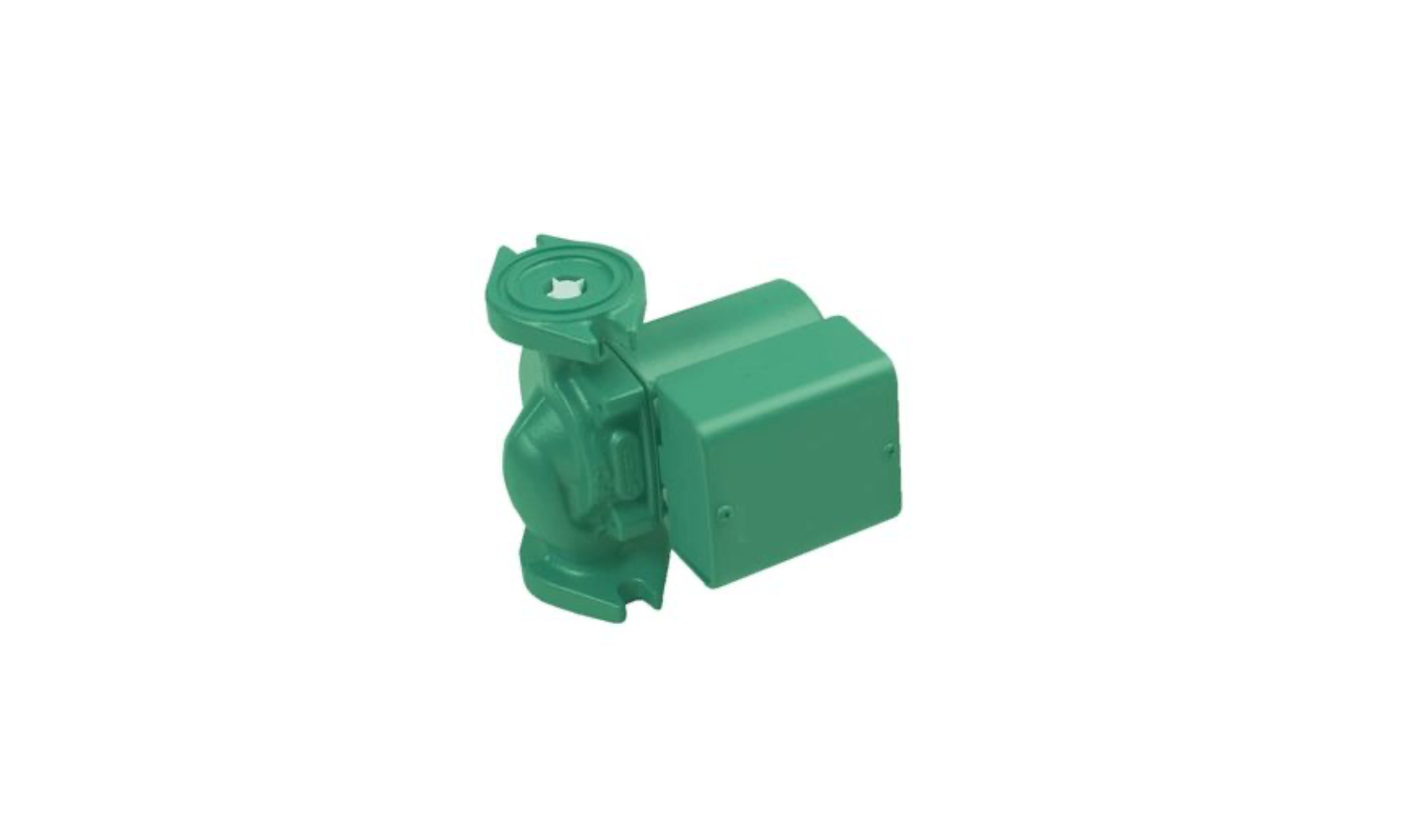 An isolated studio product shot from image_904fde.png of a Taco LoadMatch series commercial circulator pump, highlighting its solid teal-green powder-coated cast iron body, dual flanged pipe connection ends, and the distinct side-mounted square electrical conduit terminal box over a pure white background.