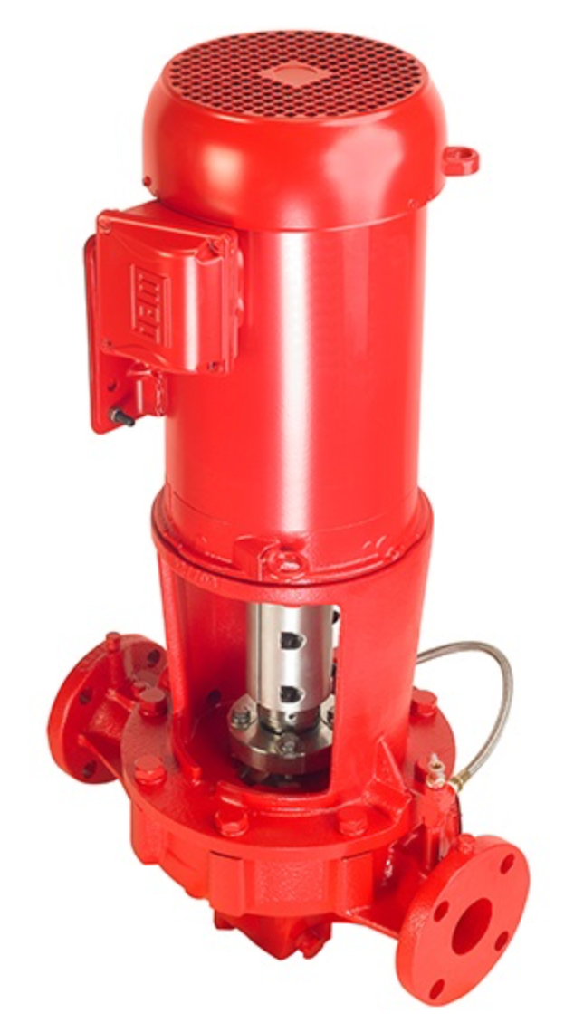 Armstrong Series 4300 split-coupled commercial vertical in-line centrifugal fluid pump featuring a heavy cast body and top-mounted industrial electric motor drive.