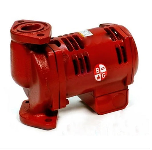 Bell and Gossett Series PL-45 cast iron in line booster pump showing dry motor housing and two bolt flange connection ports without flanges