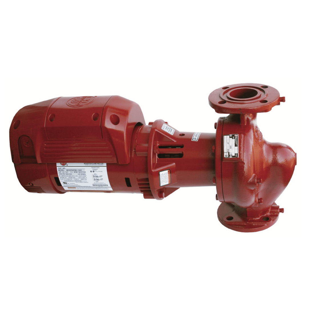 Bell and Gossett e610S series three-piece inline commercial centrifugal pump 1EF026LF featuring red cast-iron lead-free motor assembly with 2 inch flanged connections