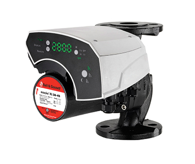 Bell and Gossett ecocirc XL 20-35 cast iron variable-speed wet-rotor circulator pump displaying electronic control interface panel and 2-bolt flanged body connection ports