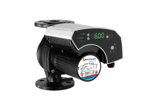 Bell and Gossett ecocirc XL 65-130 cast iron variable speed wet rotor circulator pump displaying electronic control interface and flanged body connection ports