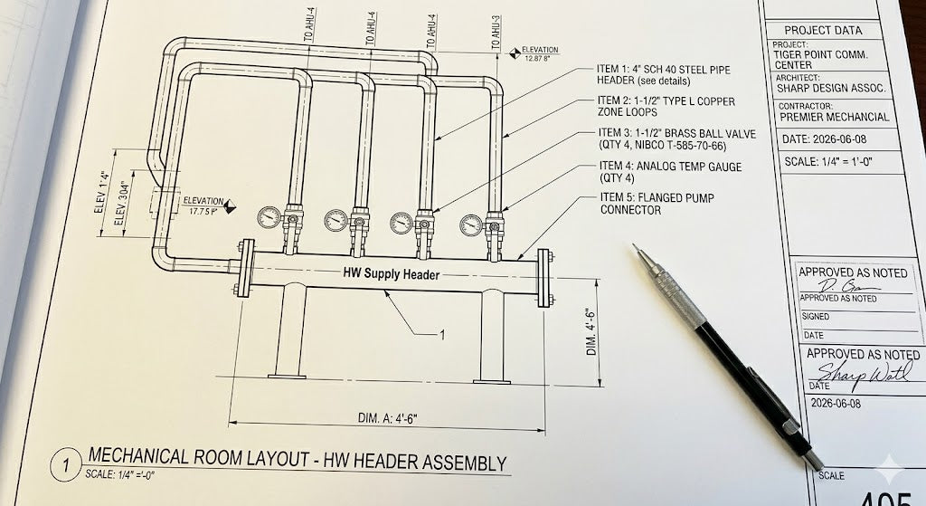 Mechanical engineering blueprints and schematics on a workspace table for industrial HVAC and plumbing system layout design.