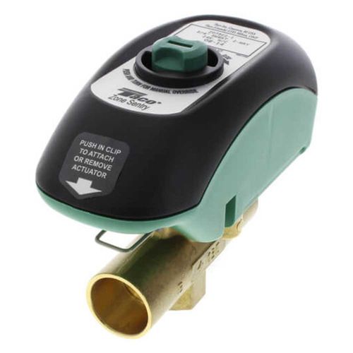 Front perspective studio shot of a Taco Zone Sentry Z075C2-1 motorized zone valve, showing its signature green and black actuator casing mounted on a premium solid brass 3/4 inch sweat connection body over a clean white background.