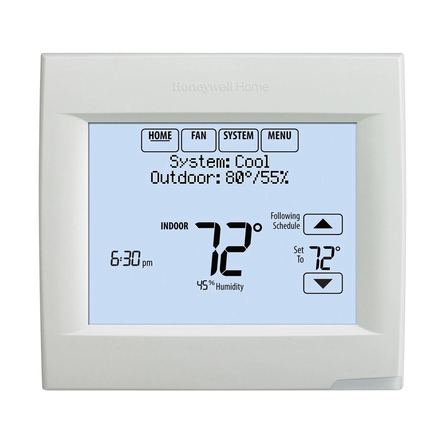 Front profile perspective view of a Honeywell VisionPRO 8000 TH8321R1001 touchscreen thermostat display panel on a plain white background, cleanly showcasing its backlit clear digital display layout and minimal white chassis perimeter.