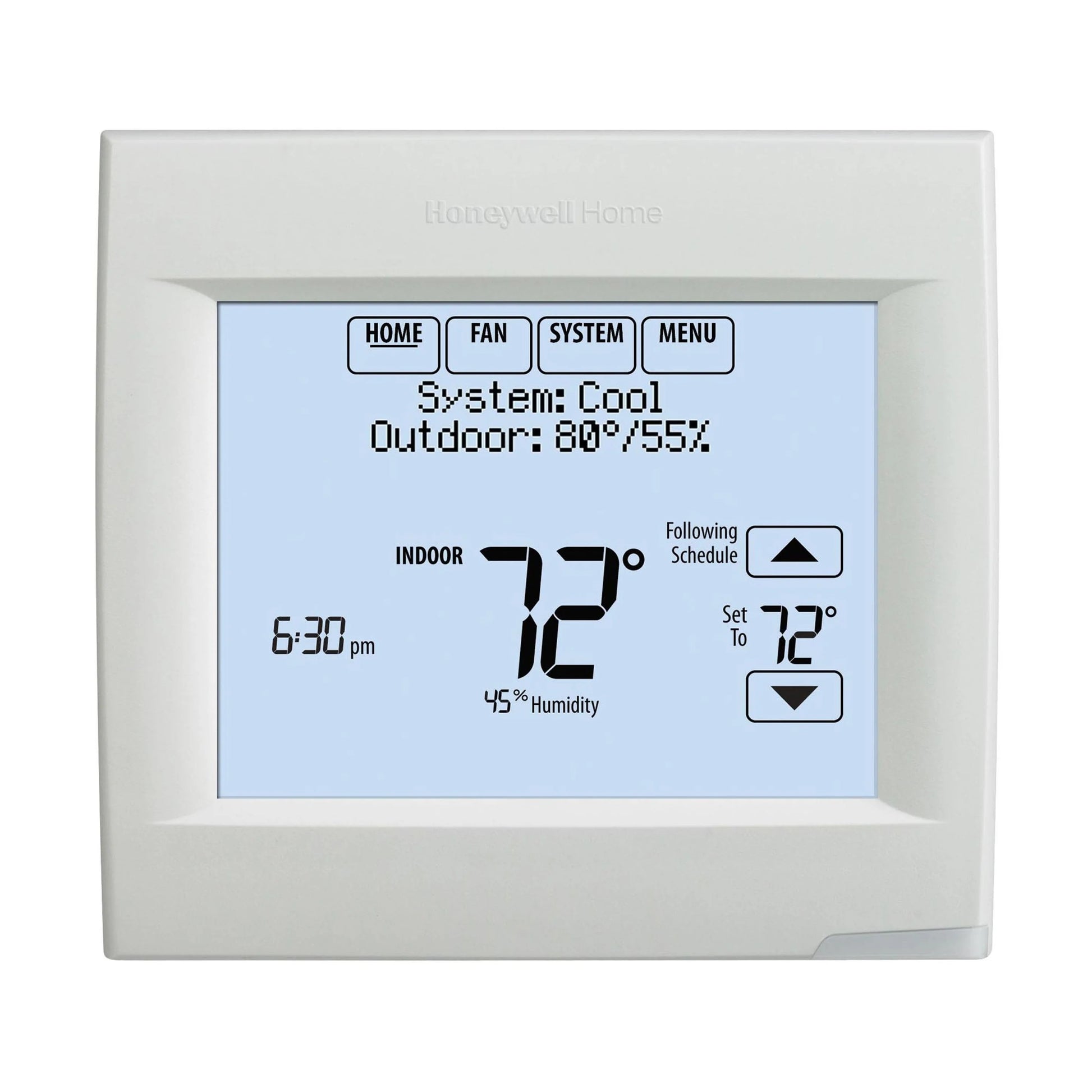 Front profile perspective view of a Honeywell VisionPRO 8000 TH8321R1001 touchscreen thermostat display panel on a plain white background, cleanly showcasing its backlit clear digital display layout and minimal white chassis perimeter.