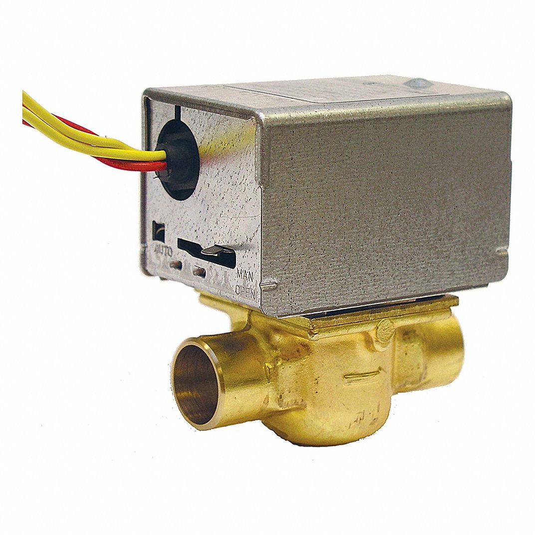 Front profile studio shot of a Honeywell V8043E1012 3/4 inch threaded hydronic zone valve, highlighting its metallic gold powerhead box housing mounted to a heavy cast-brass 2-way inline valve body.
