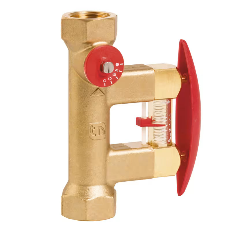 Front profile studio shot of a Taco Taconova TacoSetter Bypass 3/4 inch brass hydronic balancing valve on a white background, highlighting its vertical female NPT threaded connections and a parallel clear flow meter chamber with an integrated red manual lever handle.