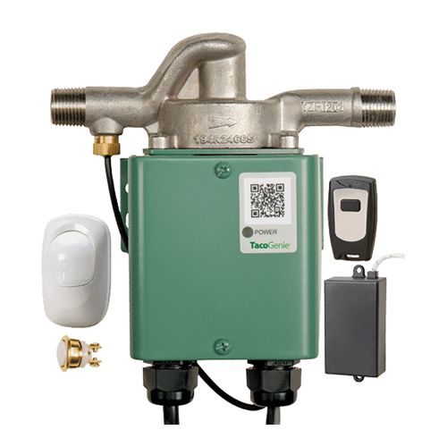 Front view of a TacoGenie on-demand hot water recirculation pump system, showcasing its modern square-shaped light green appliance casing with dual bottom wire connection feeds and a stainless steel pipeline header interface against a clean white background.