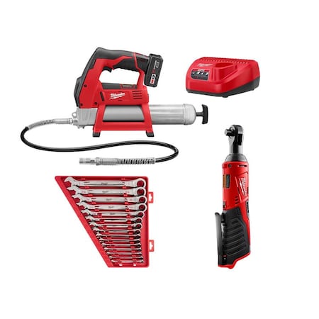 Milwaukee Tool 2446-21XC, 2457-20, 48-22-9416 - M12 Grease Gun Kit w/ M12 3/8 in Ratchet, 15 PC Ratcheting Wrench Set SAE