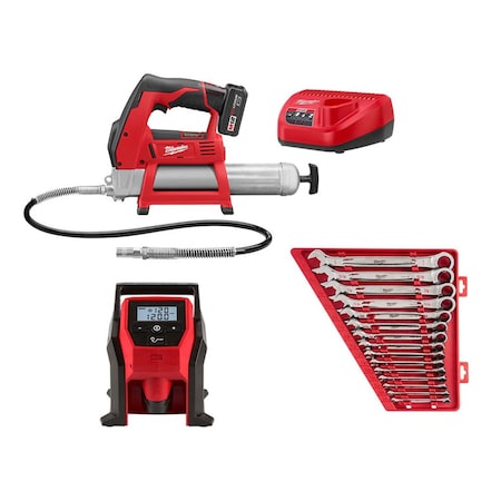 Milwaukee Tool 2446-21XC, 2475-20, 48-22-9416 - M12 Grease Gun Kit w/ M12 Inflator & 15 PC Ratcheting Wrench Set SAE