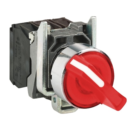 Schneider Electric XB4BK124G5 - Illuminated selector switch, Harmony XB4, metal, red handle, 22mm, universal LED, 2 positions, 1 NO + 1 NC, 110.120 V AC