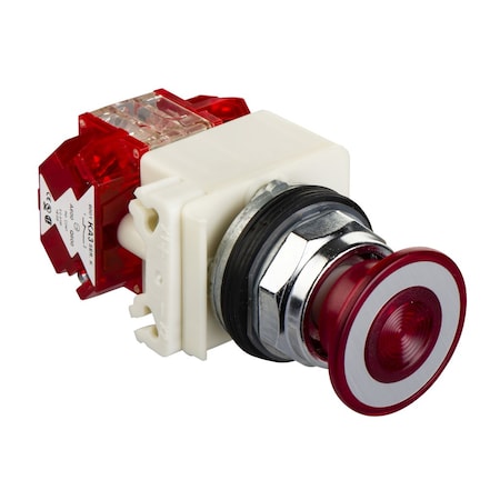 Schneider Electric 9001KR9P38RH25 - Illuminated push-button, Harmony 9001 K, metal, mushroom 41mm, red, 30mm, 2 positions, push-pull, 120 V, 1 NC late + 1 NC
