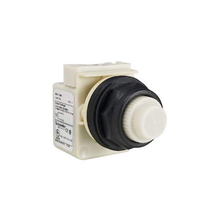 Square D 9001SKT38LWW9 - 30mm push button, Type SK, push to test pilot light, 120 VAC/VDC white LED light module, white domed lens, NEMA 4, 4 X