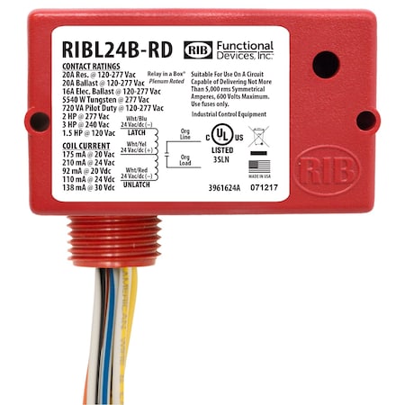 Functional Devices-Rib RIBL24B-RD - Latch Relay, 20 A, SPST, 24 VAC/DC, Red