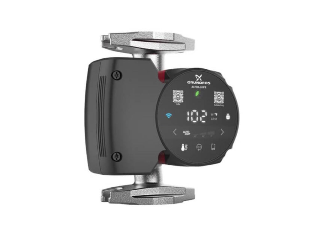 Grundfos ALPHA2 15-55F SF variable speed ECM circulator pump displaying the stainless steel flanged connection housing, clear unpainted metal finish, and the digital push-button LED user interface panel.